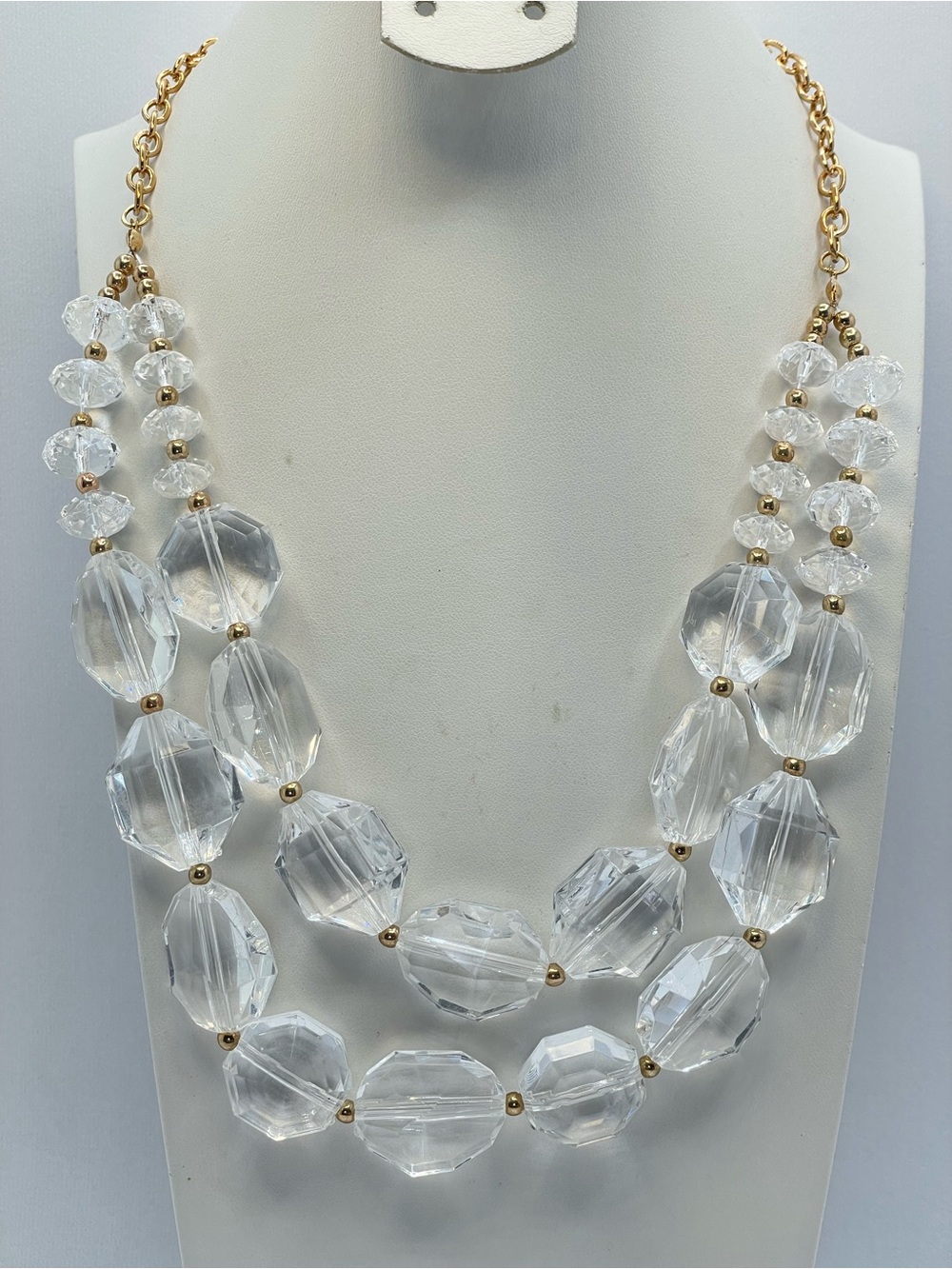 Gold Tone Clear Acrylic Beaded Necklace Layered Statement Chunky